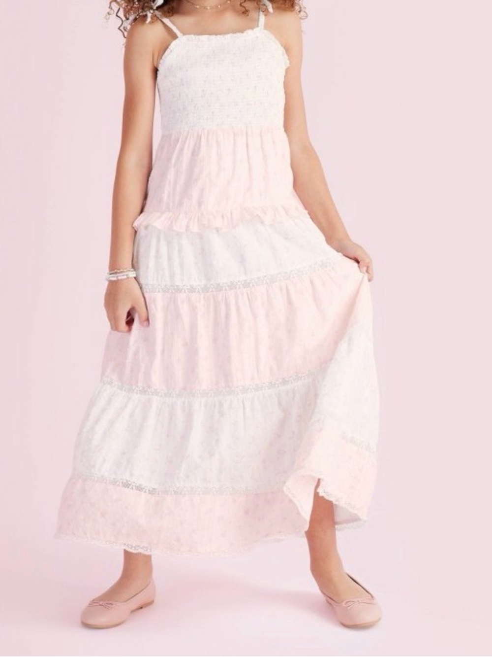 LoveShackFancy x Target Girls Pink and White Ruffles Ruffled Tiered Maxi Dress